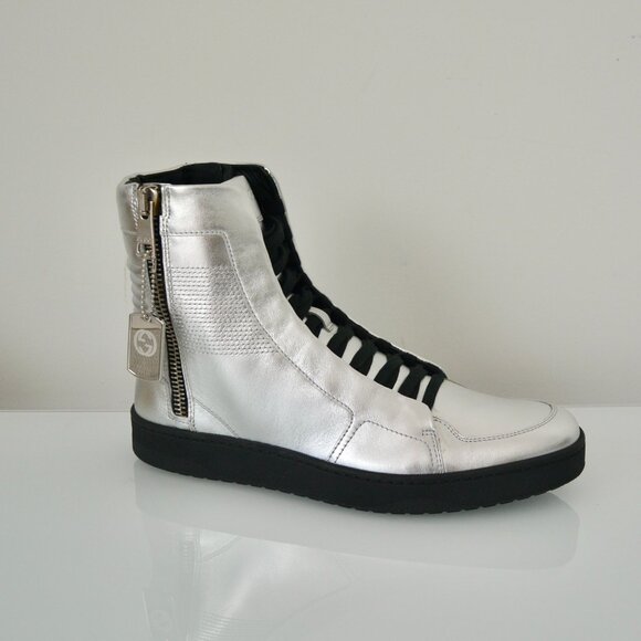 NIB GUCCI MENS HITOP LEATHER METALLIC SILVER SNEAKERS - Picture 1 of 9